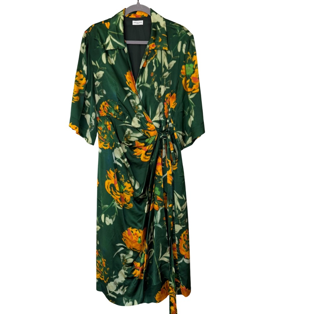 Dries Van Noten Dakola Printed Wrap Midi Dress Sz. 40 (US8) Green w/Floral Print